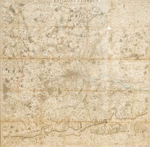 After George Frederick Cruchley (1797-1880), ‘Cruchley’s Environs of London extending 30 miles from the metropolis, 1828’, a folding map backed on linen, now framed, 92 x 95cm